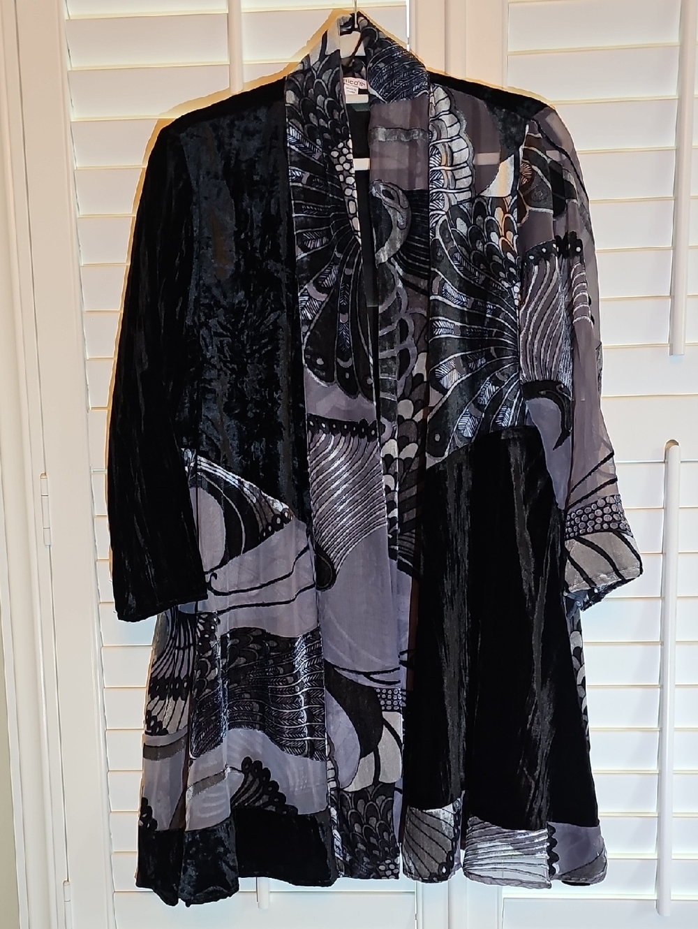 Chico's Black and Grey Velvet Mix Duster Jacket